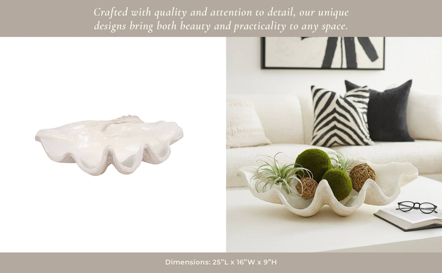 Bowl - Ivory Polyresin Pearlized Clam Shell, 25 in.