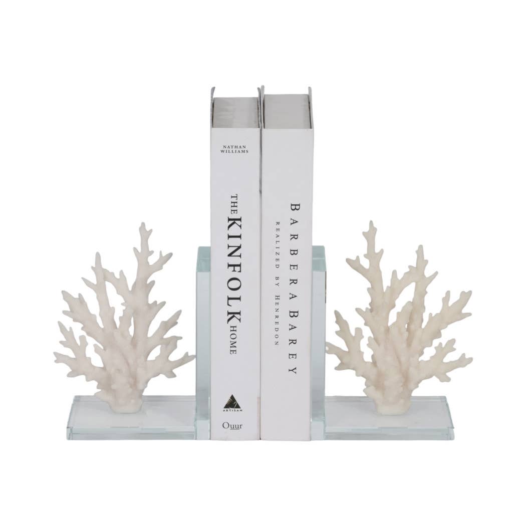 Bookends Set of 2 - White Resin Coral on Glass, 7 in.