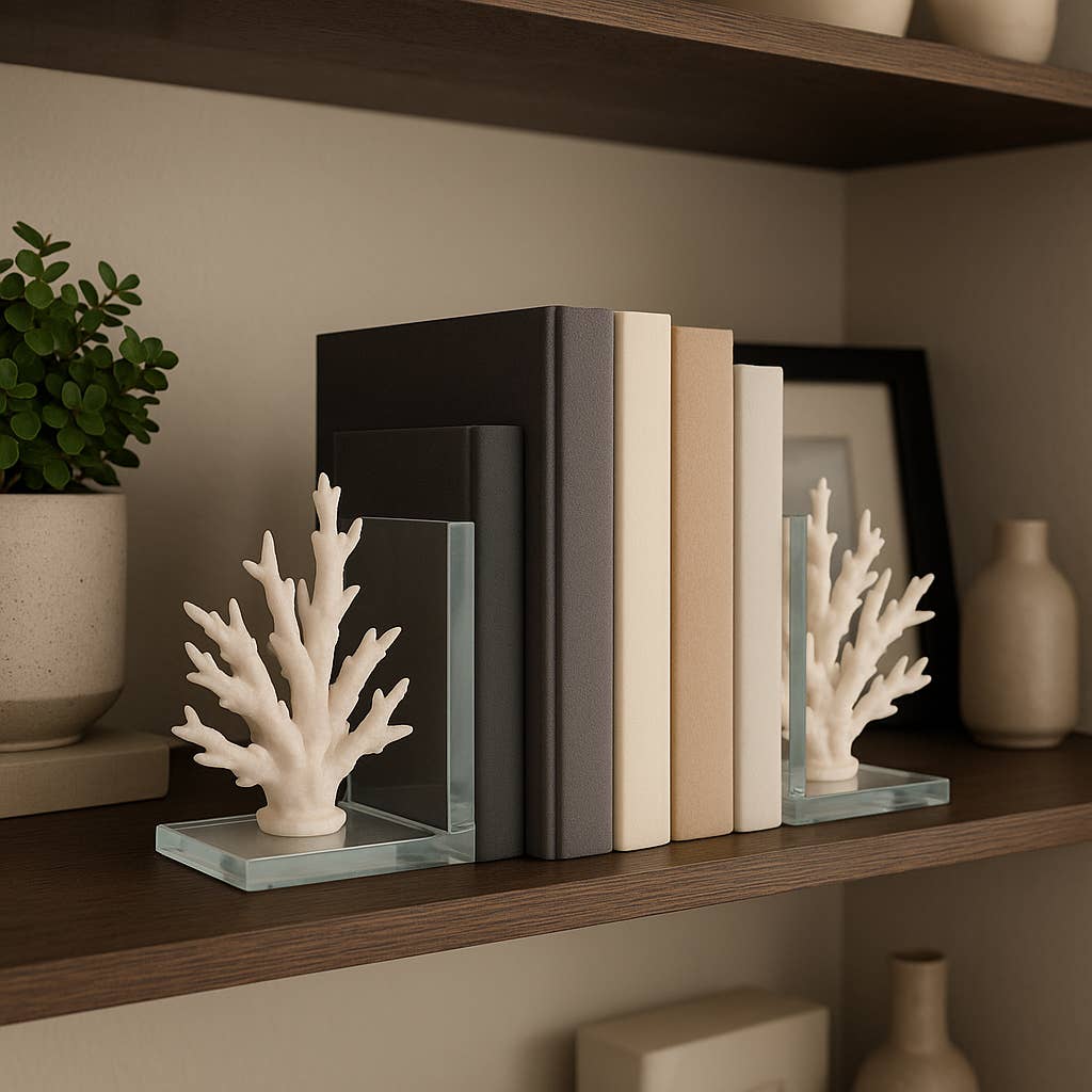 Bookends Set of 2 - White Resin Coral on Glass, 7 in.