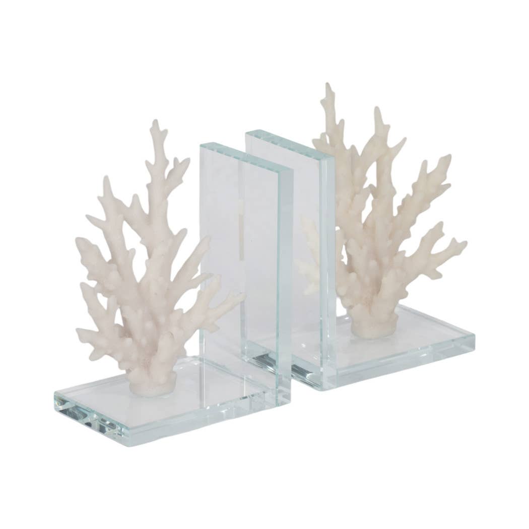 Bookends Set of 2 - White Resin Coral on Glass, 7 in.