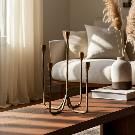 Metal Forged Five-Taper Candle Holder - Bronze, 16 in.