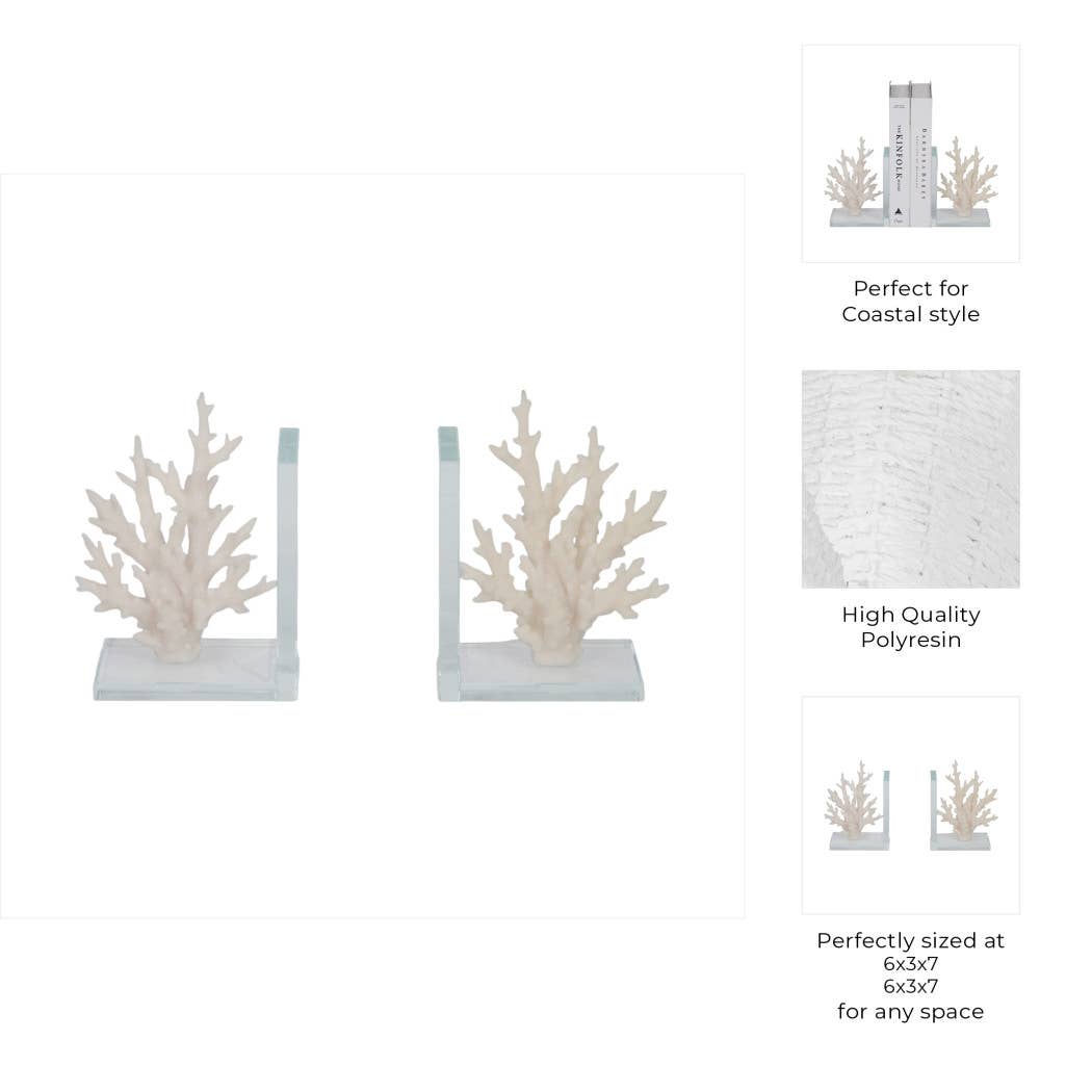 Bookends Set of 2 - White Resin Coral on Glass, 7 in.