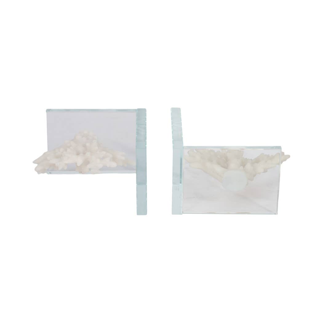 Bookends Set of 2 - White Resin Coral on Glass, 7 in.