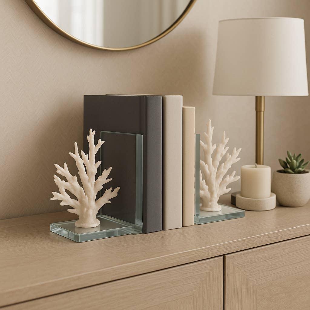 Bookends Set of 2 - White Resin Coral on Glass, 7 in.