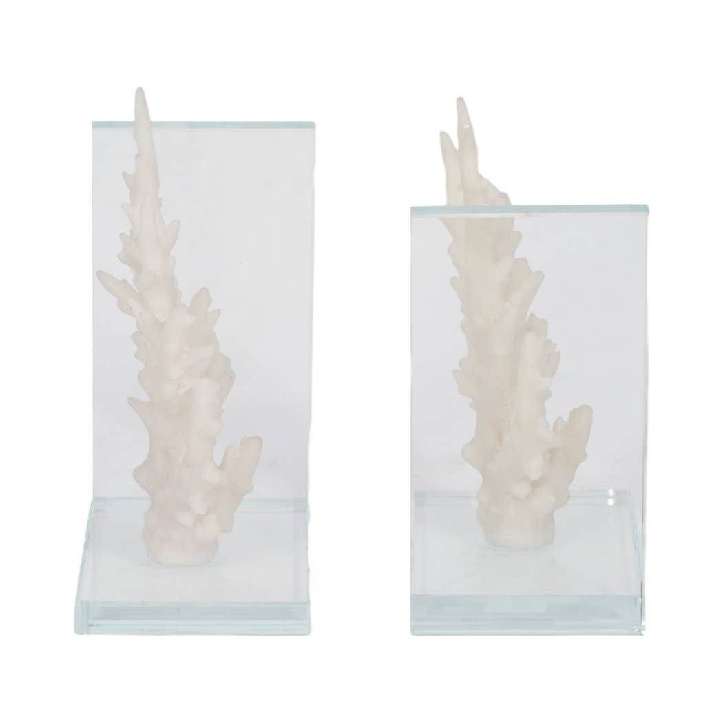Bookends Set of 2 - White Resin Coral on Glass, 7 in.