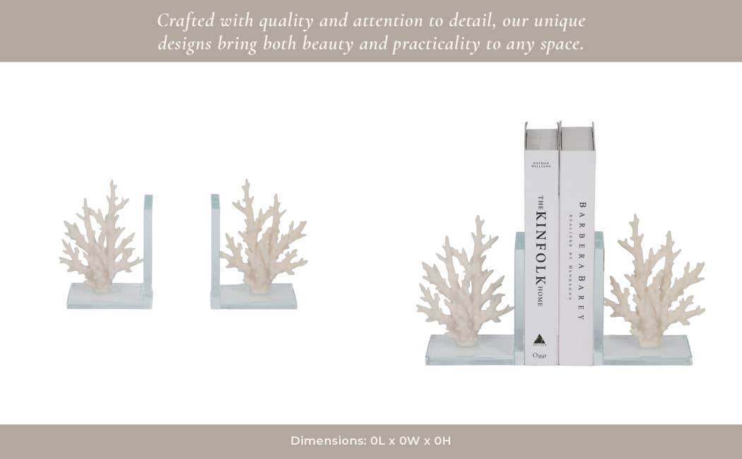 Bookends Set of 2 - White Resin Coral on Glass, 7 in.