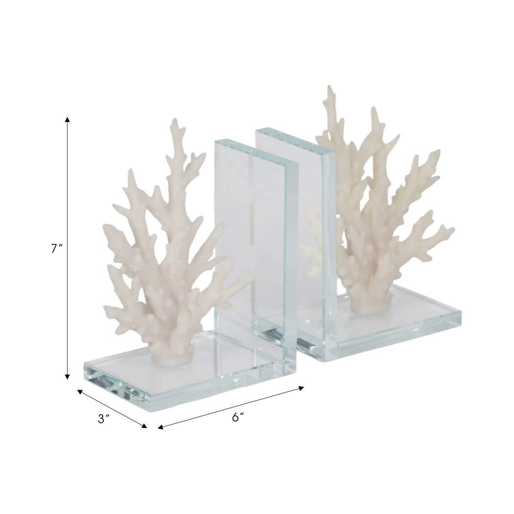 Bookends Set of 2 - White Resin Coral on Glass, 7 in.